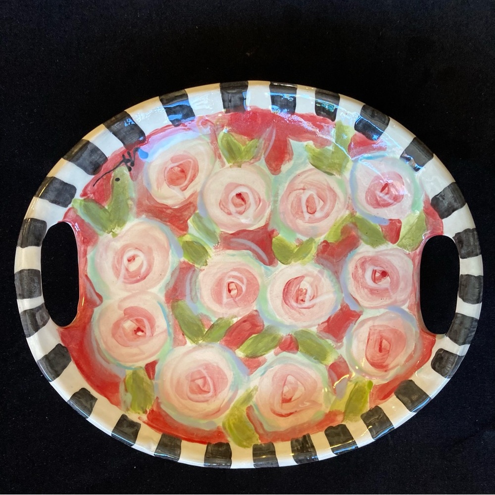 Handmade Ceramic Serving Tray w/ Handles “Peonies On Scarlet Design 11”x 9.5”